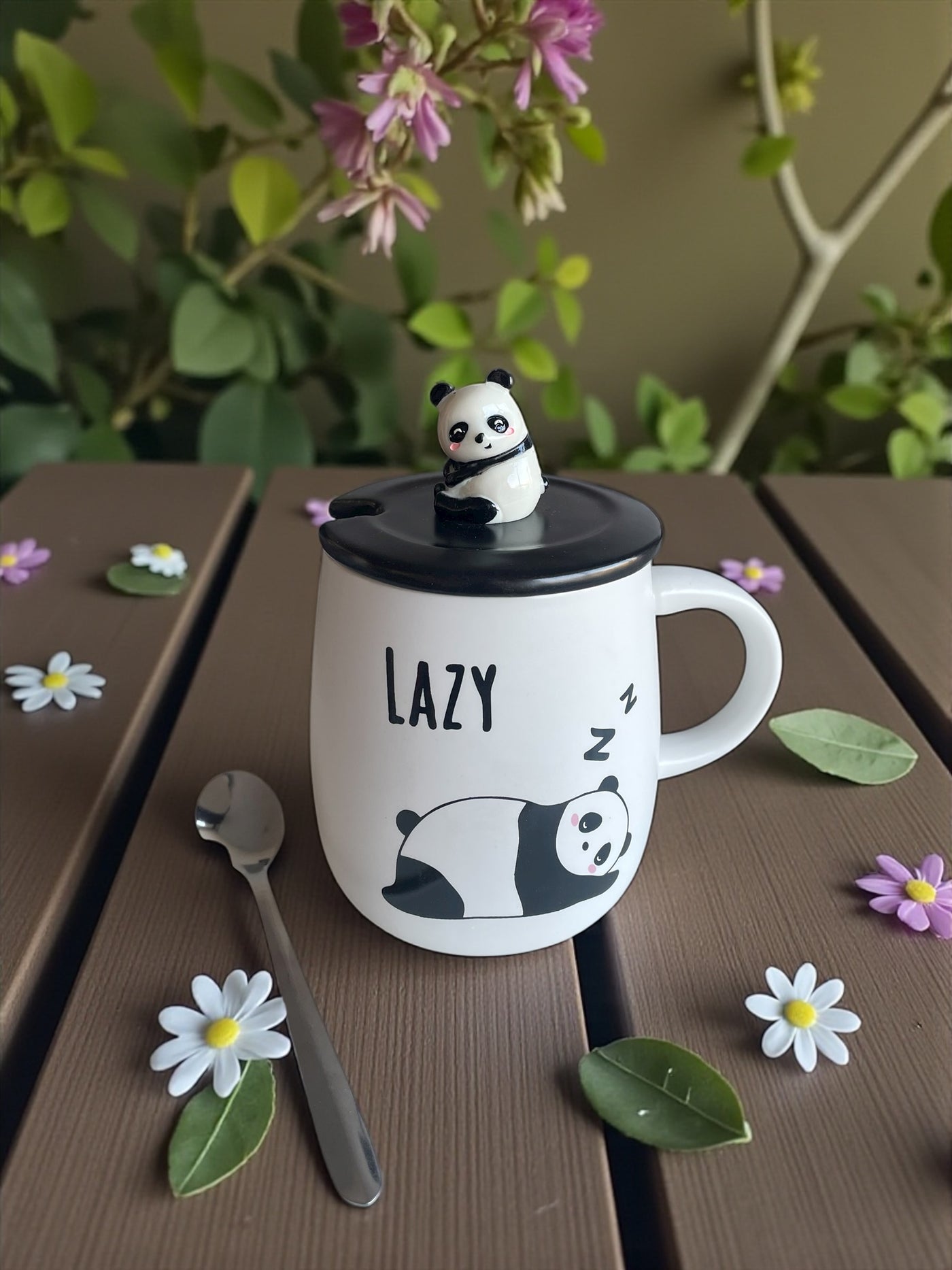 Taza Panda con Tapa y Cuchara | Cerámica Premium con Muñeco 3D