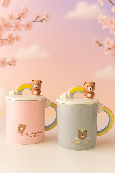 Taza Rainbow osito 🌈 – Edición Encantada con Tapa y Asa de Arcoíris