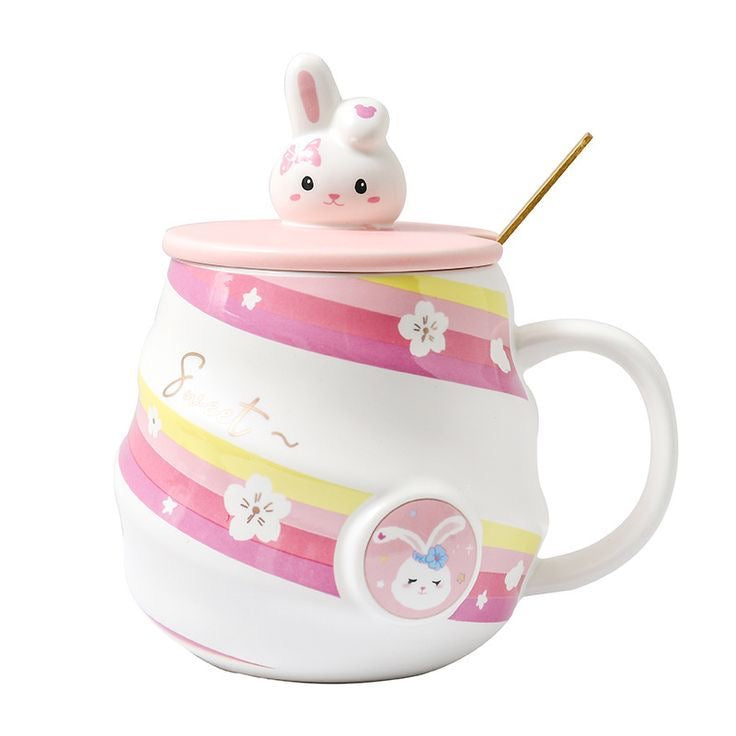 Taza Conejito Sweet 🐰 | Taza Cerámica con Tapa, Cuchara Dorada y Diseño Pastel