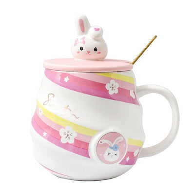 Taza Conejito Sweet 🐰 | Taza Cerámica con Tapa, Cuchara Dorada y Diseño Pastel