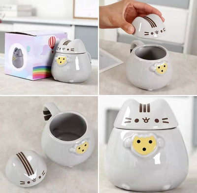 Taza Gatito pisheen con Tapa y Cola Rayada 🐱 | Taza Cerámica Kawaii con Tapa Hermética