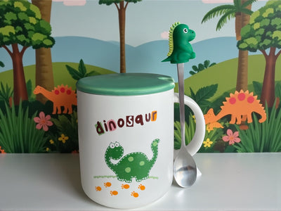 Taza Dinosaurio con Cuchara y Tapa