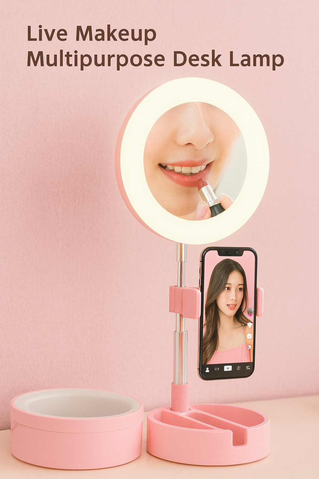 Espejo con Aro de Luz LED + Soporte para Celular ✨💄