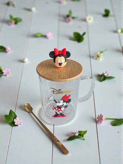 Taza Minnie Mouse con Tapa de Bambú + Cucharita Dorada