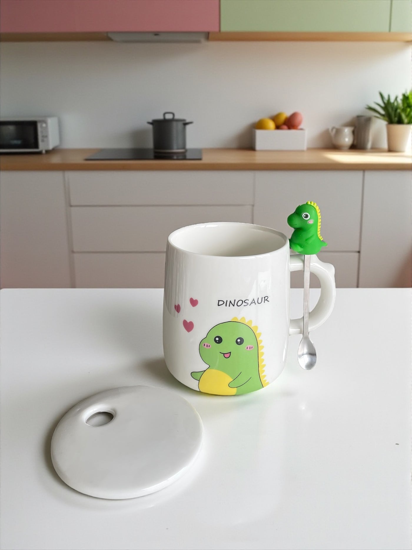 Taza Dinosaurio Feliz con Cucharita y Tapa – Colección Roar Friends 🦖