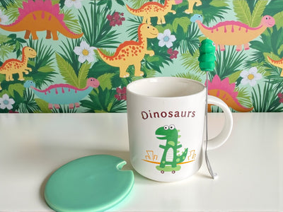 Taza Dinosaurio con Cuchara y Tapa