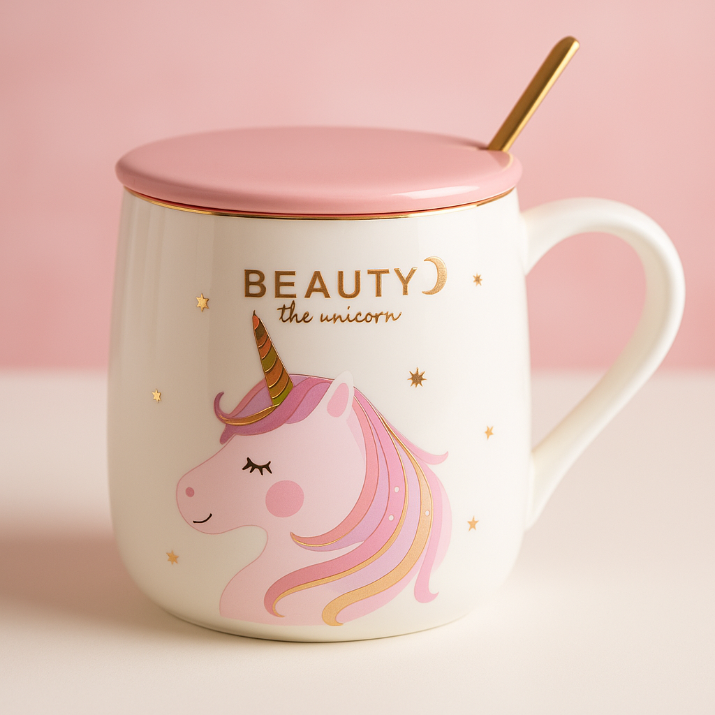 Tazas Unicornio con Tapa Rosa y Cuchara Dorada