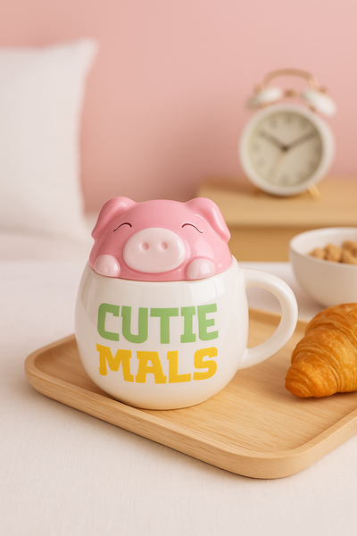 Taza Cerámica Cerdito “Cutie Mals” con Tapa 3D 🐷