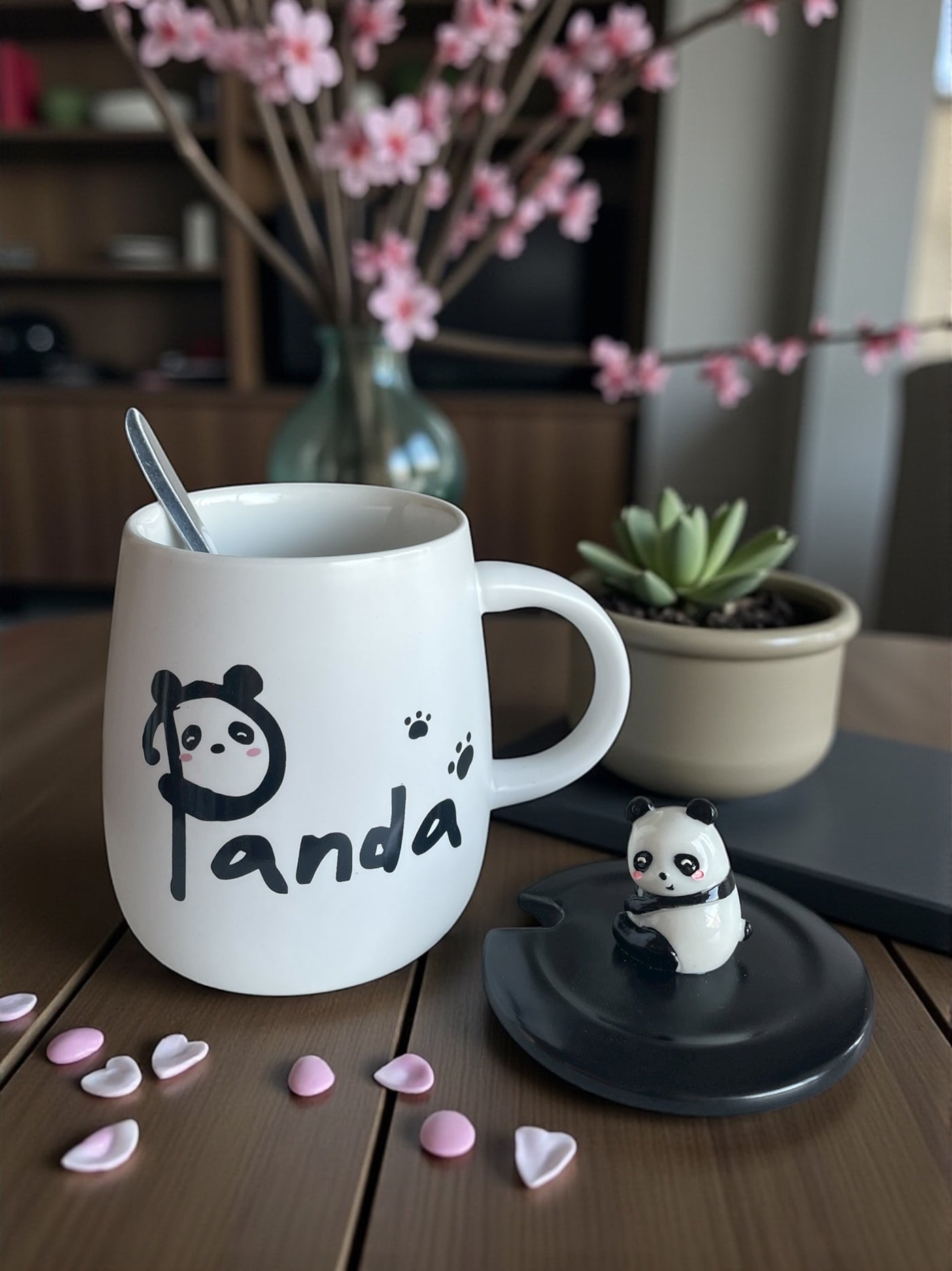 Taza Panda con Tapa y Cuchara | Cerámica Premium con Muñeco 3D