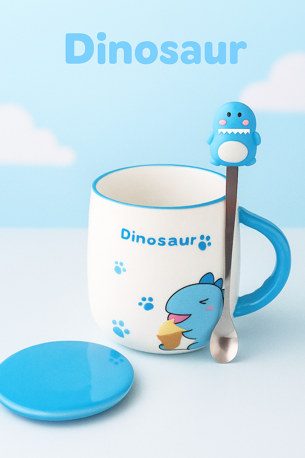 🦕 Taza Dinosaurio Pastel con Cuchara y Tapa – “Cute Dinosaur Mug”