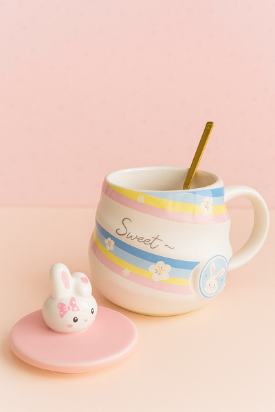 Taza Conejito Sweet 🐰 | Taza Cerámica con Tapa, Cuchara Dorada y Diseño Pastel
