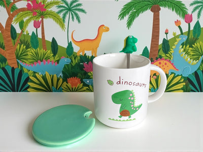 Taza Dinosaurio con Cuchara y Tapa