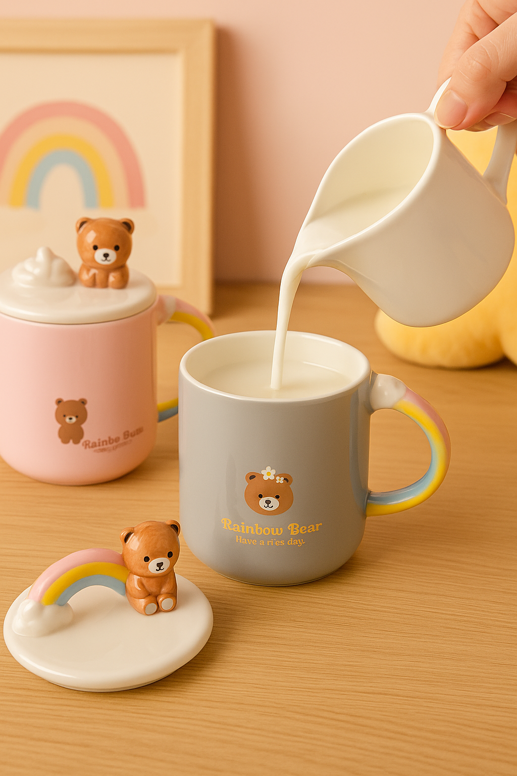 Taza Rainbow osito 🌈 – Edición Encantada con Tapa y Asa de Arcoíris