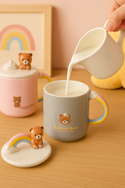 Taza Rainbow osito 🌈 – Edición Encantada con Tapa y Asa de Arcoíris