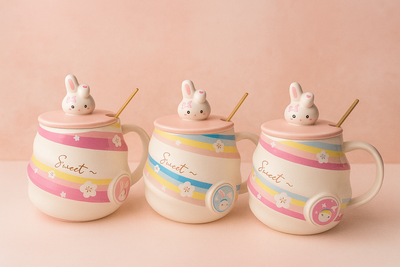 Taza Conejito Sweet 🐰 | Taza Cerámica con Tapa, Cuchara Dorada y Diseño Pastel
