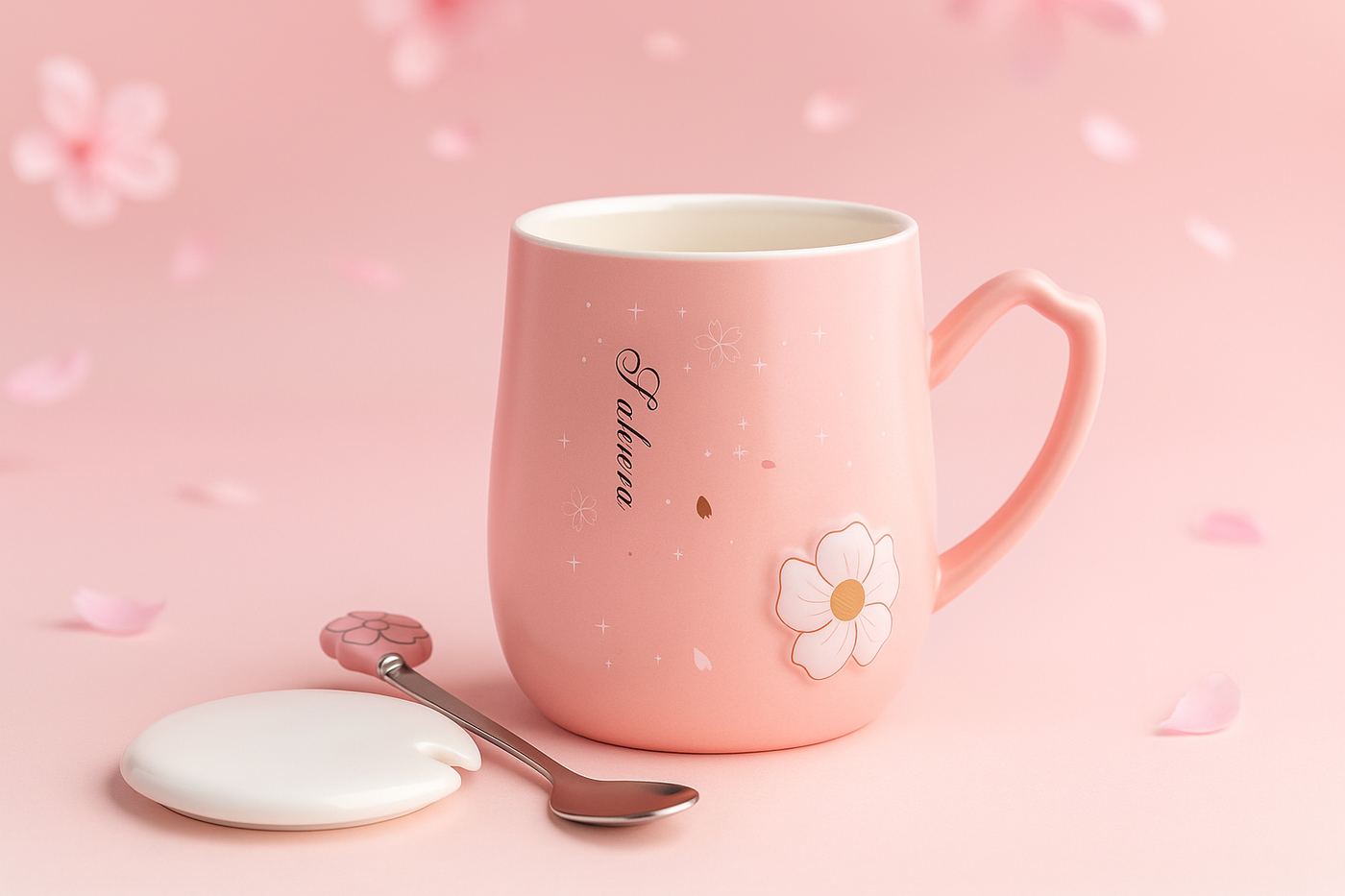 Taza flor Sakura Blossom – Rosa Pastel con Cuchara y Tapa