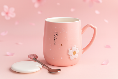 Taza flor Sakura Blossom – Rosa Pastel con Cuchara y Tapa