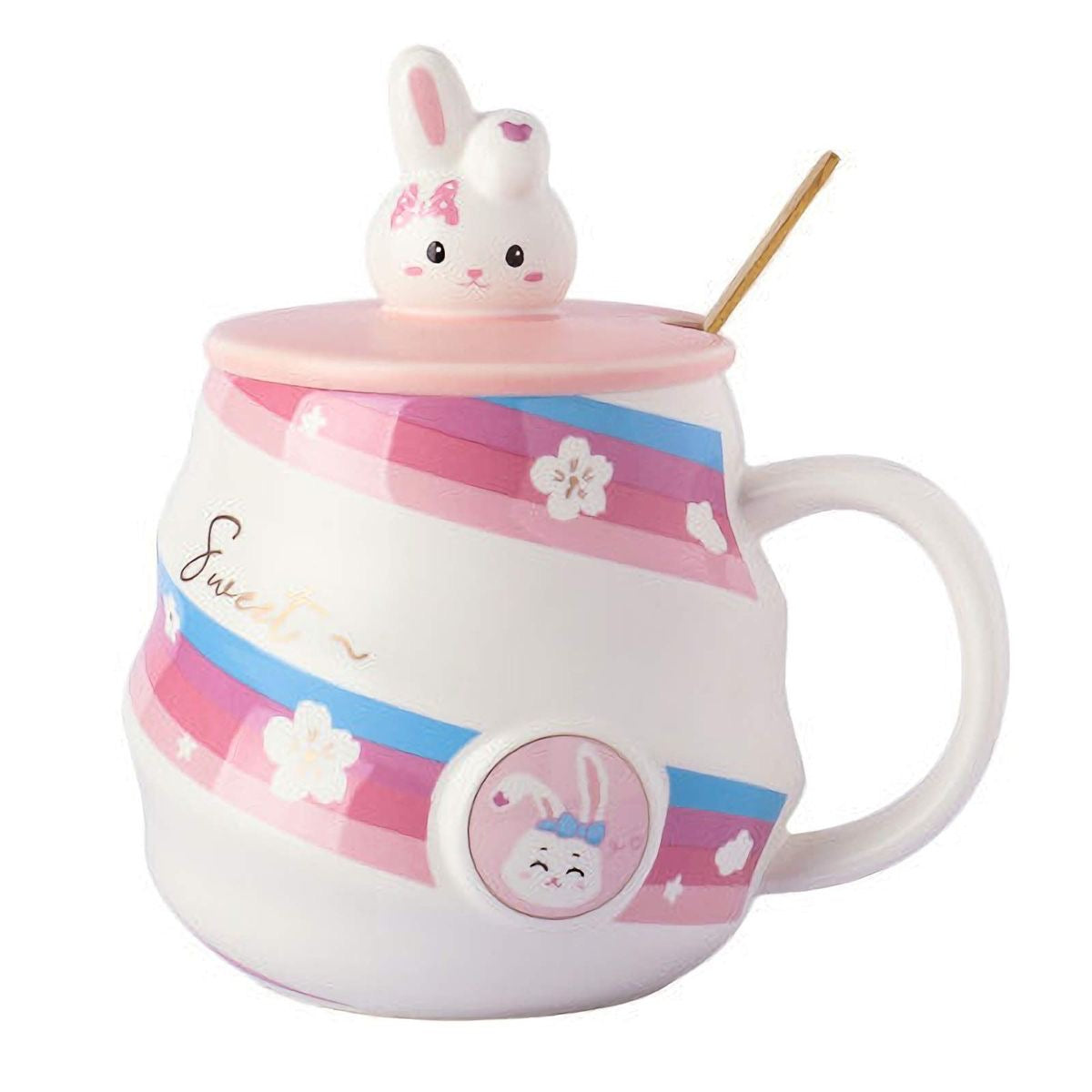 Taza Conejito Sweet 🐰 | Taza Cerámica con Tapa, Cuchara Dorada y Diseño Pastel