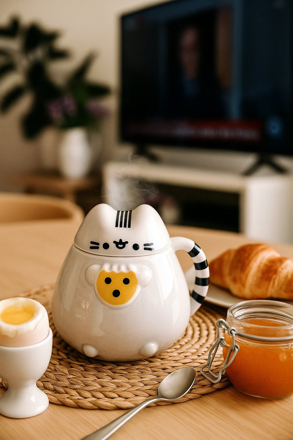 Taza Gatito pisheen con Tapa y Cola Rayada 🐱 | Taza Cerámica Kawaii con Tapa Hermética