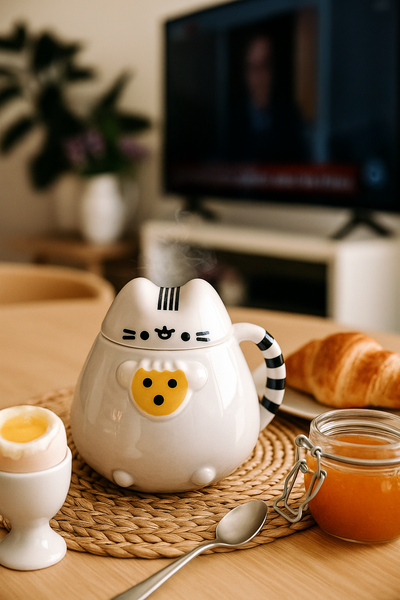 Taza Gatito pisheen con Tapa y Cola Rayada 🐱 | Taza Cerámica Kawaii con Tapa Hermética