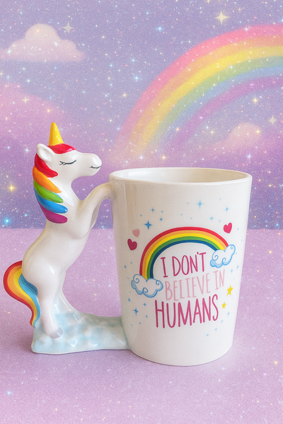 Taza Unicornio “I Don’t Believe in Humans” 🦄✨ – Diseño 3D con arcoíris