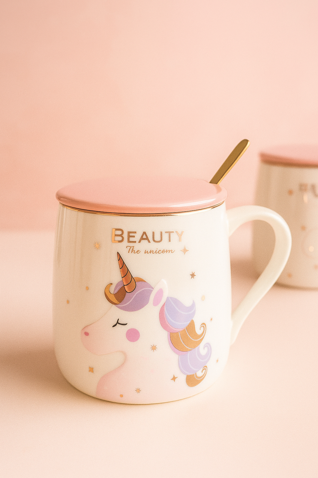 Tazas Unicornio con Tapa Rosa y Cuchara Dorada