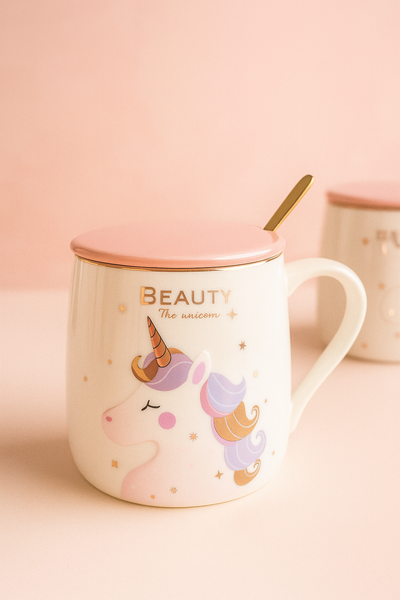 Tazas Unicornio con Tapa Rosa y Cuchara Dorada