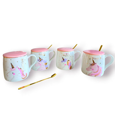 Tazas Unicornio con Tapa Rosa y Cuchara Dorada