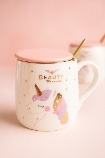 Tazas Unicornio con Tapa Rosa y Cuchara Dorada