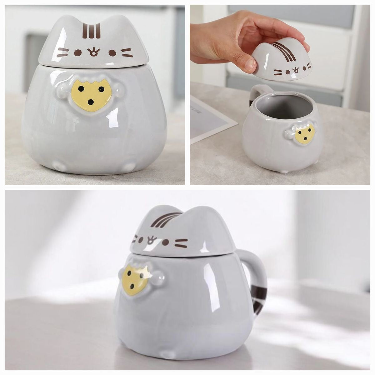 Taza Gatito pisheen con Tapa y Cola Rayada 🐱 | Taza Cerámica Kawaii con Tapa Hermética