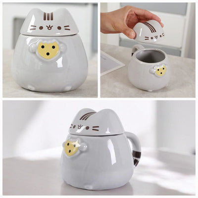 Taza Gatito pisheen con Tapa y Cola Rayada 🐱 | Taza Cerámica Kawaii con Tapa Hermética