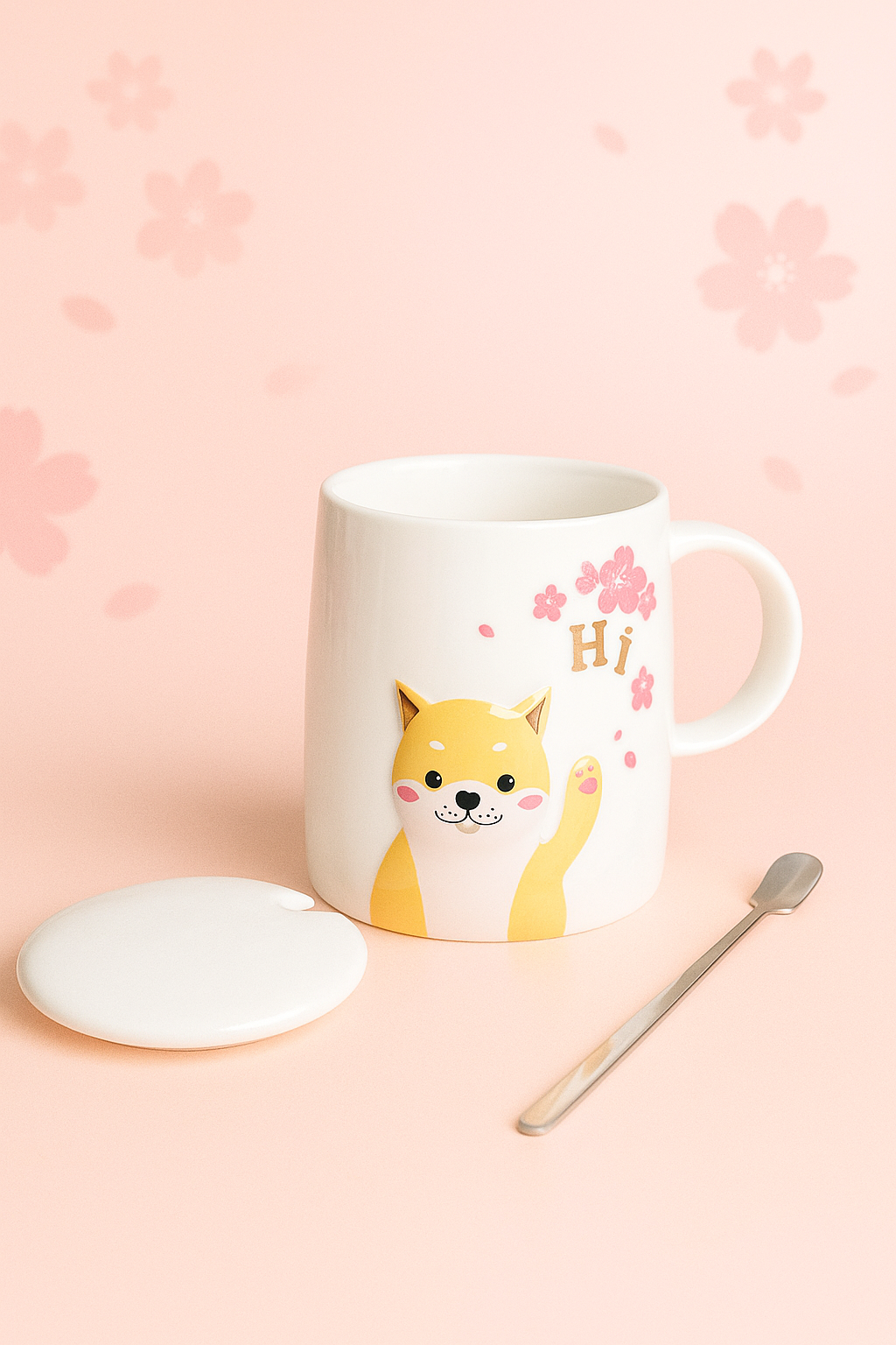 Taza Perrito Shiba con Cuchara y Tapa – Estilo Japonés Sakura