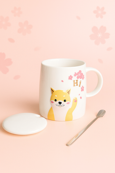 Taza Perrito Shiba con Cuchara y Tapa – Estilo Japonés Sakura