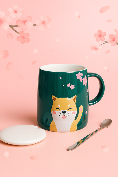 Taza Perrito Shiba con Cuchara y Tapa – Estilo Japonés Sakura