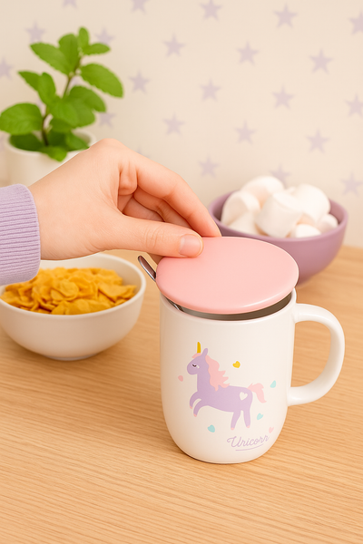 Taza Unicornio Pastel con Tapa y Cuchara – Edición Mágica