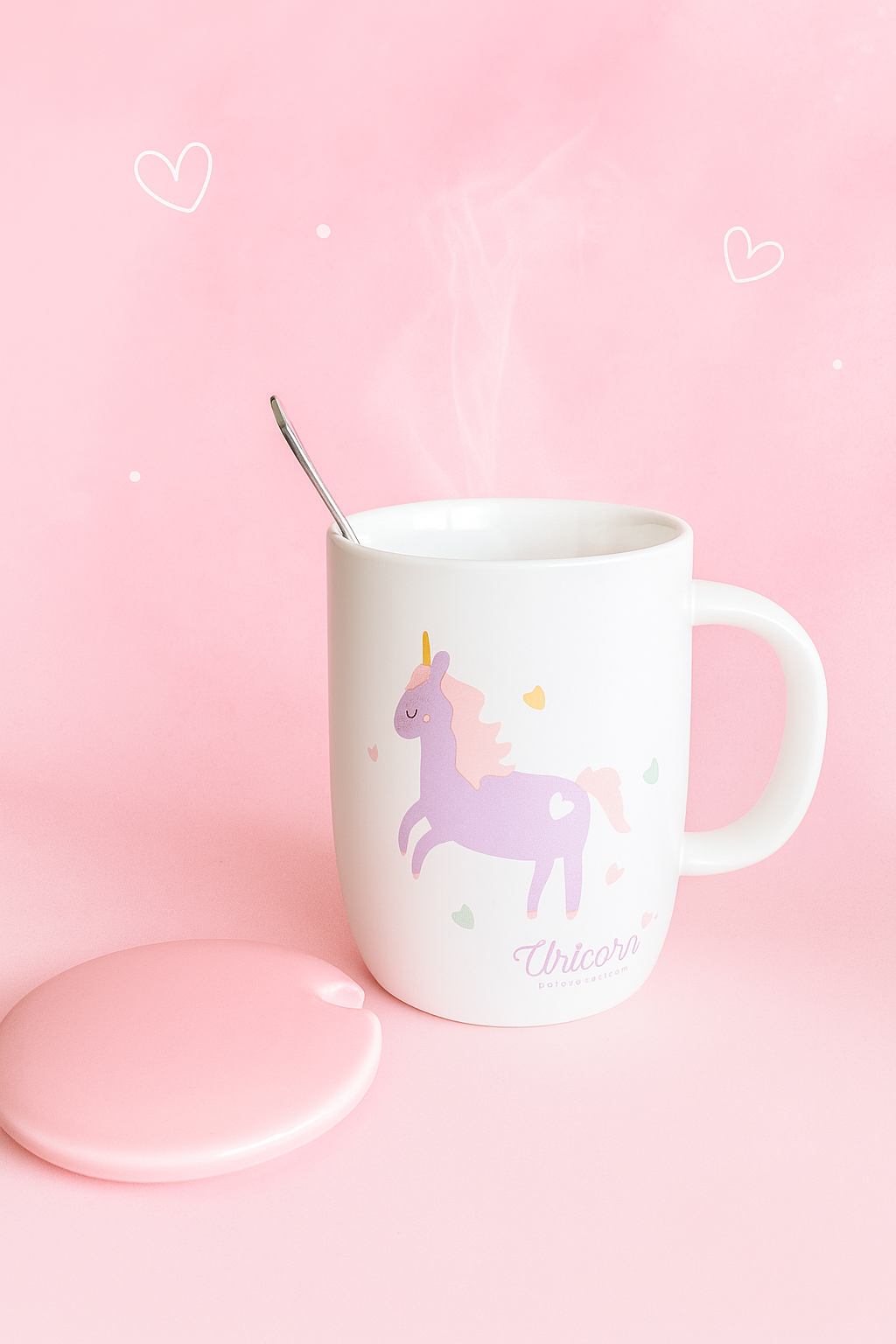 Taza Unicornio Pastel con Tapa y Cuchara – Edición Mágica