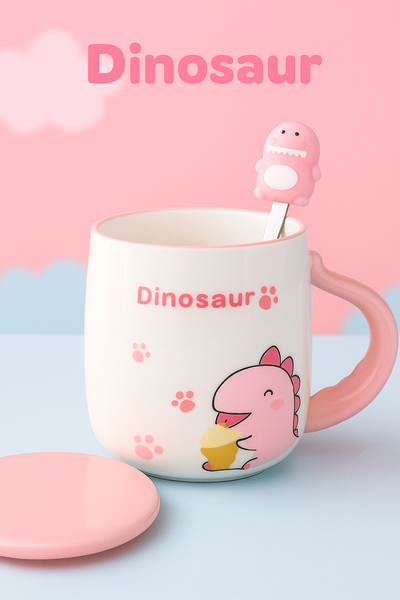 🦕 Taza Dinosaurio Pastel con Cuchara y Tapa – “Cute Dinosaur Mug”