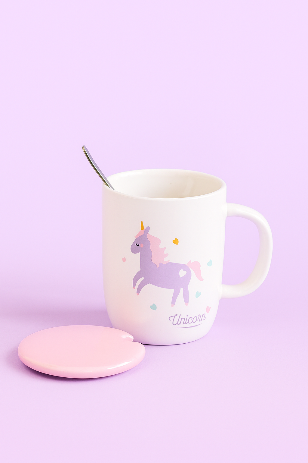 Taza Unicornio Pastel con Tapa y Cuchara – Edición Mágica