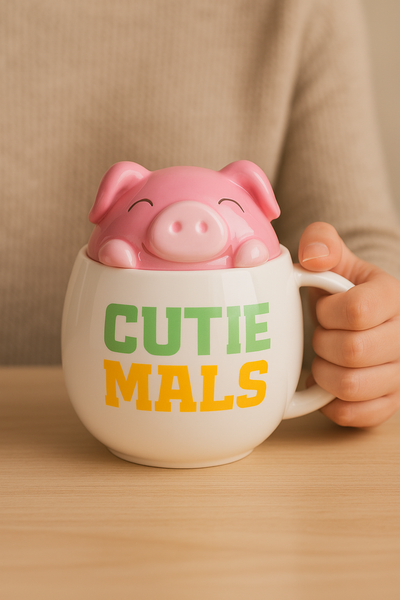 Taza Cerámica Cerdito “Cutie Mals” con Tapa 3D 🐷