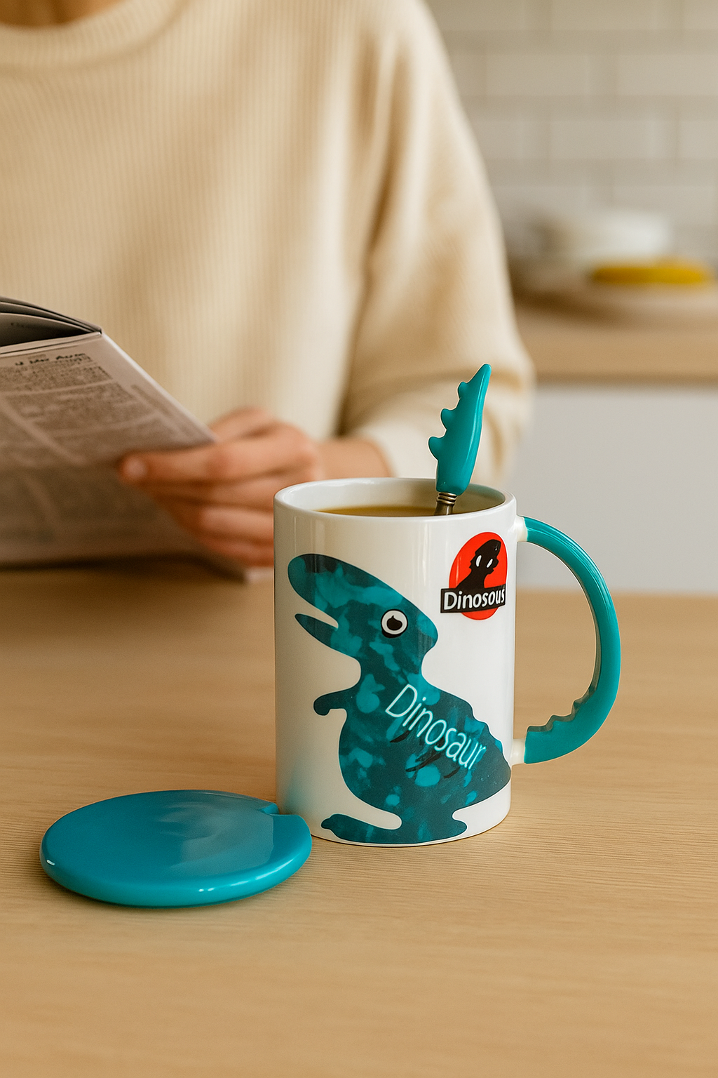 🦕 Taza Dinosaurio con Cuchara y Tapa – Edición Jungle Mood