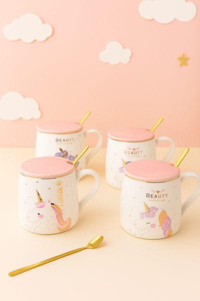 Tazas Unicornio con Tapa Rosa y Cuchara Dorada