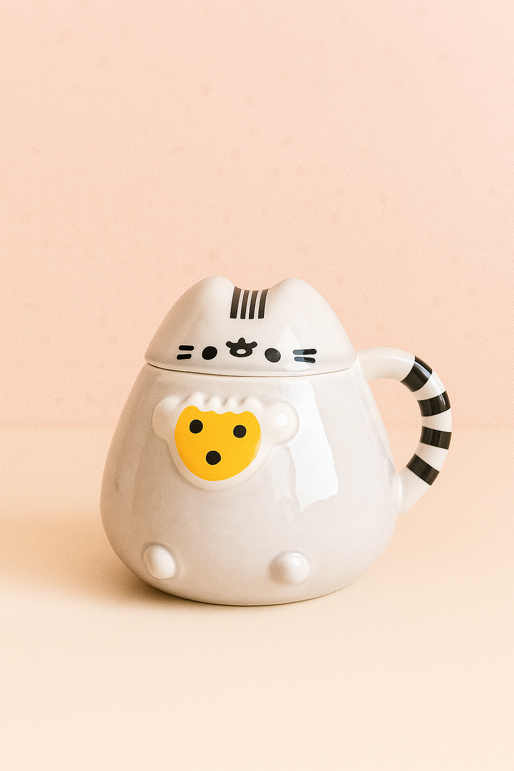 Taza Gatito pisheen con Tapa y Cola Rayada 🐱 | Taza Cerámica Kawaii con Tapa Hermética