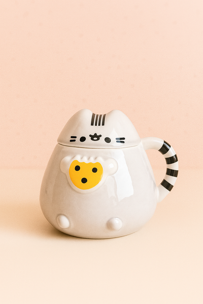 Taza Gatito pisheen con Tapa y Cola Rayada 🐱 | Taza Cerámica Kawaii con Tapa Hermética