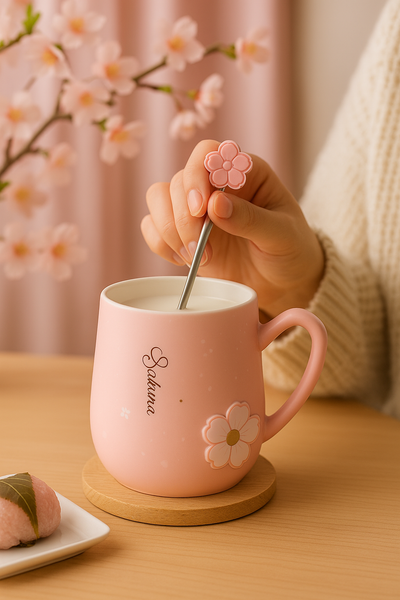 Taza flor Sakura Blossom – Rosa Pastel con Cuchara y Tapa