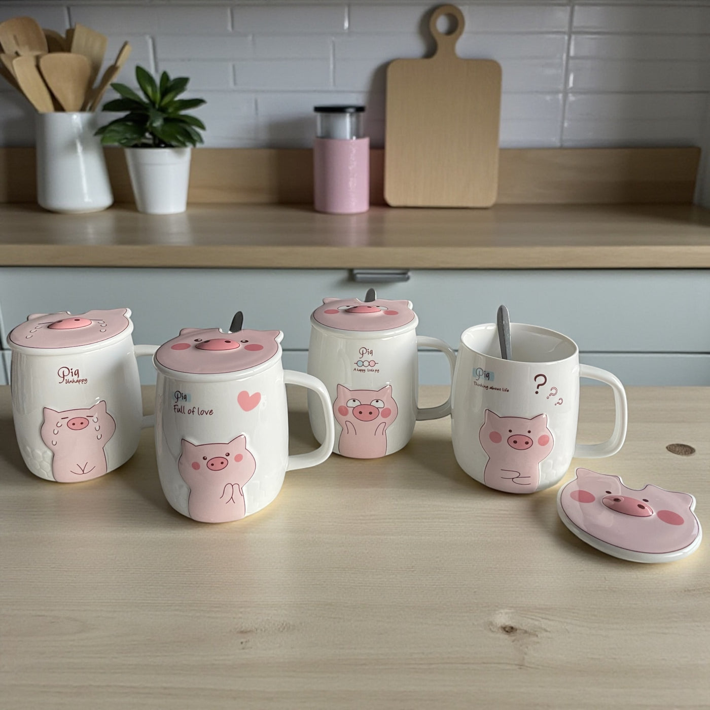 Taza 3D Cerdito Cute con Tapa y Cucharita