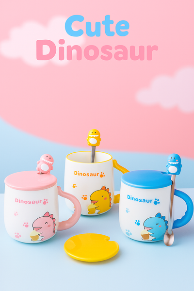🦕 Taza Dinosaurio Pastel con Cuchara y Tapa – “Cute Dinosaur Mug”