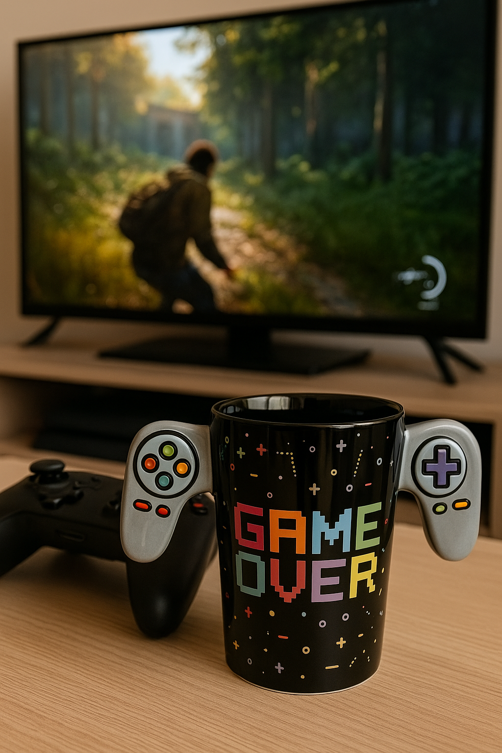 Taza Gamer “Game Over” 🎮 | Taza Negra con Manillas de Control Retro