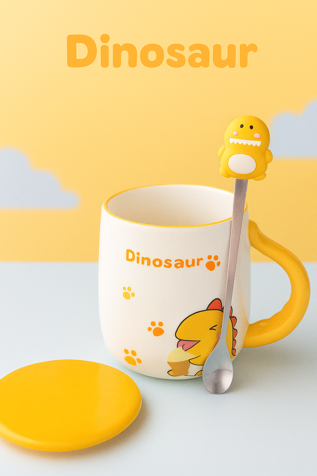 🦕 Taza Dinosaurio Pastel con Cuchara y Tapa – “Cute Dinosaur Mug”