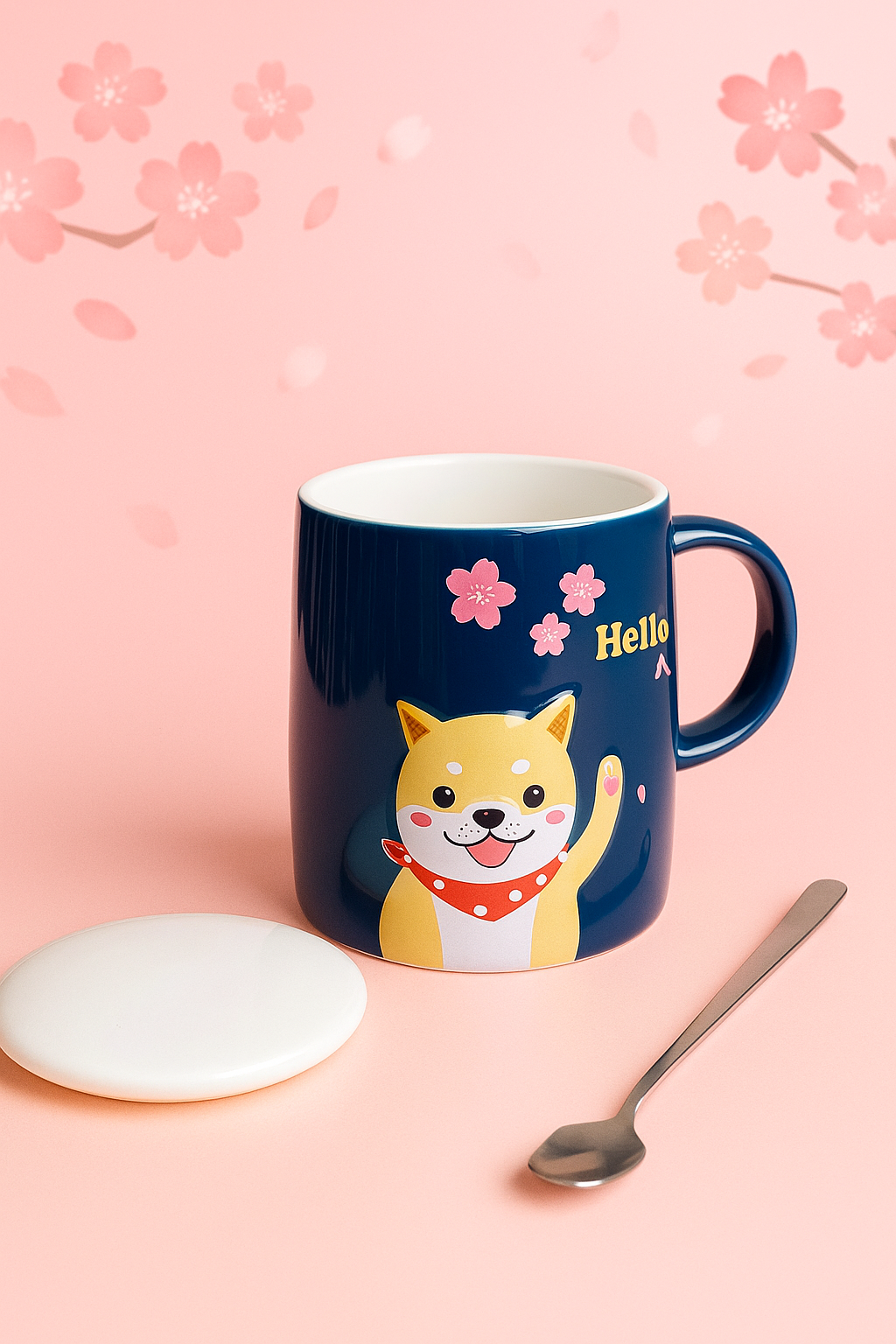 Taza Perrito Shiba con Cuchara y Tapa – Estilo Japonés Sakura