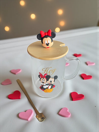Taza Minnie Mouse con Tapa de Bambú + Cucharita Dorada